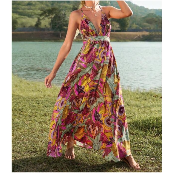 Boho Tropical Print Criss Cross Maxi Dress - Picture 1 of 4